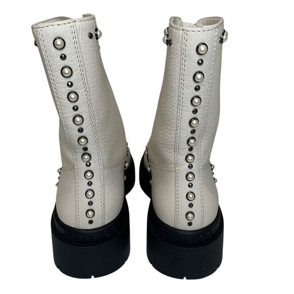 Jimmy Choo Nola Flat Boots Off White EU 37.5 Faux Pearl Studded Lug Sole Zip Up